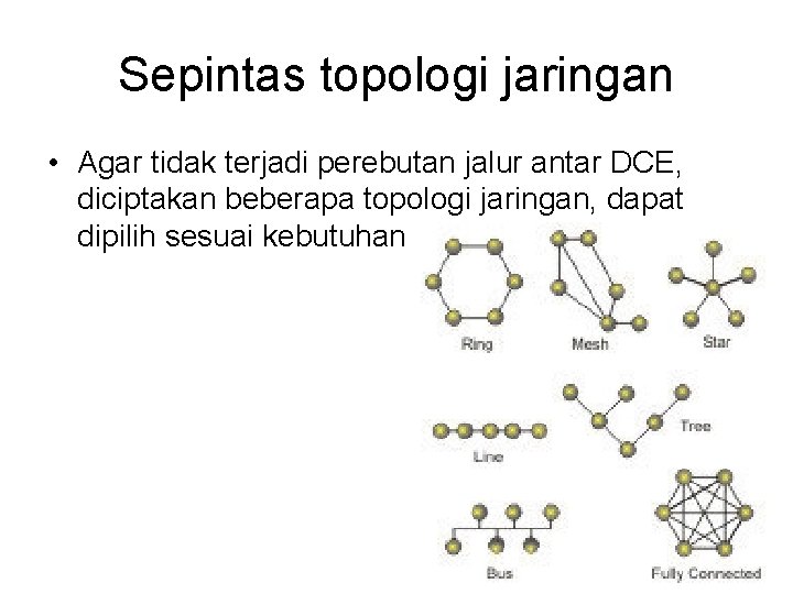 Sepintas topologi jaringan • Agar tidak terjadi perebutan jalur antar DCE, diciptakan beberapa topologi