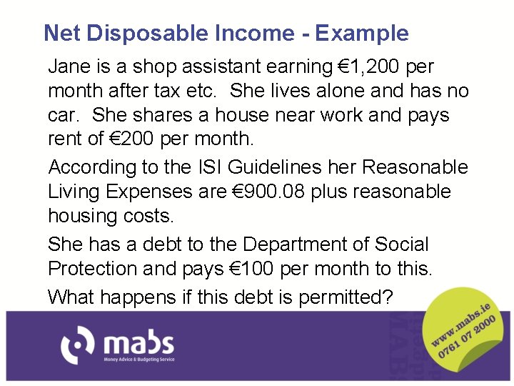 Net Disposable Income - Example Jane is a shop assistant earning € 1, 200