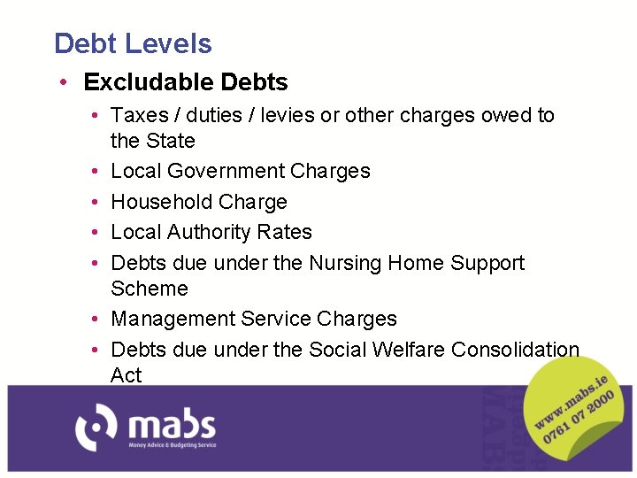 Debt Levels • Excludable Debts • Taxes / duties / levies or other charges