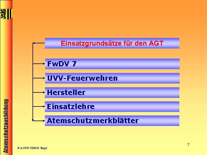 Einsatzgrundsätze für den AGT Fw. DV 7 UVV-Feuerwehren Atemschutzausbildung Hersteller Einsatzlehre Atemschutzmerkblätter © ASGW