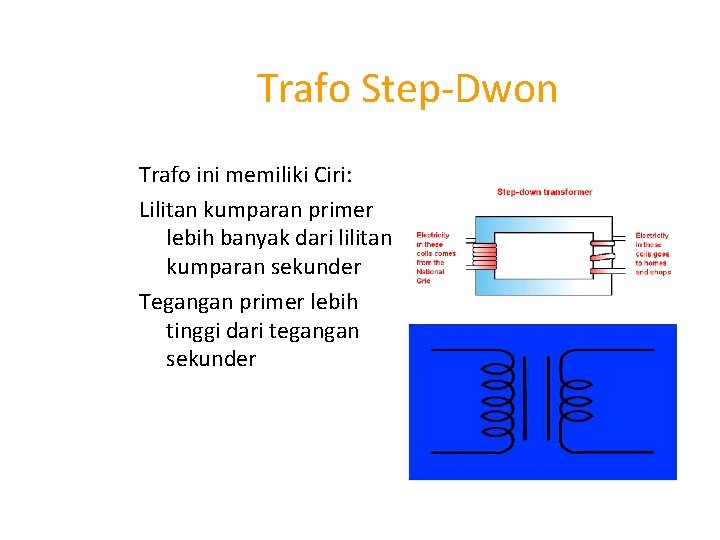 Trafo Step-Dwon Trafo ini memiliki Ciri: Lilitan kumparan primer lebih banyak dari lilitan kumparan