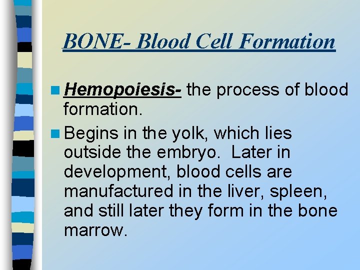BONE- Blood Cell Formation n Hemopoiesis- the process of blood formation. n Begins in
