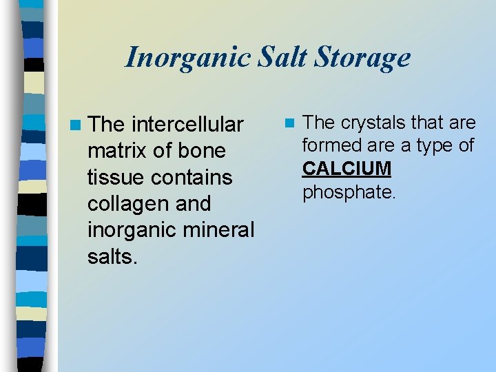 Inorganic Salt Storage n The intercellular matrix of bone tissue contains collagen and inorganic