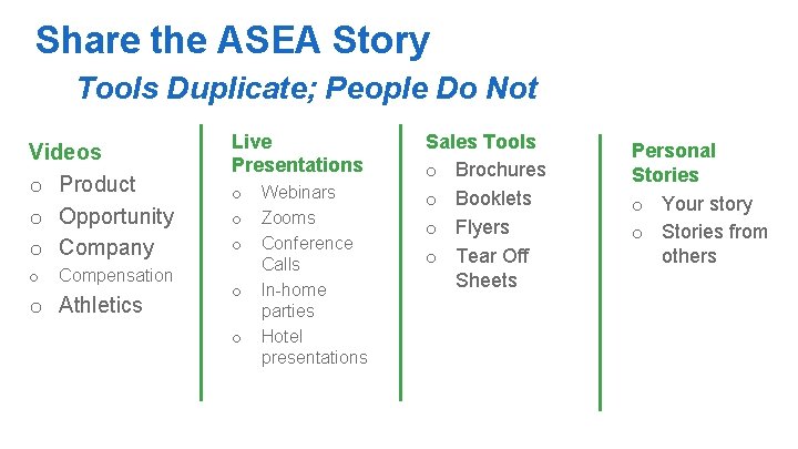 Share the ASEA Story Tools Duplicate; People Do Not Videos o Product o Opportunity