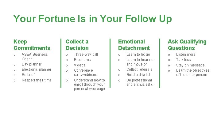 Your Fortune Is in Your Follow Up Keep Commitments o o o ASEA Business