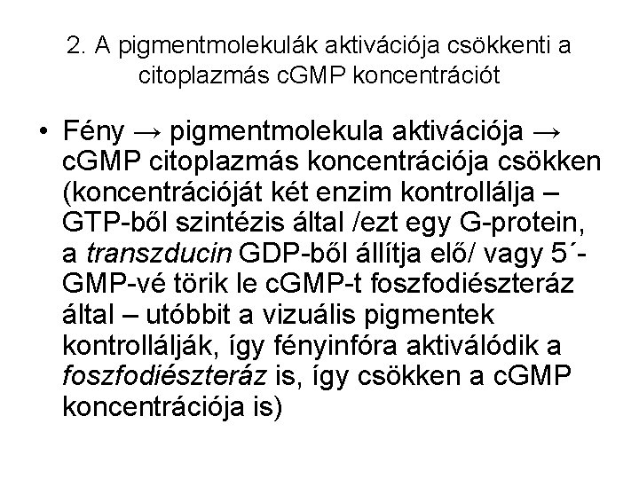 2. A pigmentmolekulák aktivációja csökkenti a citoplazmás c. GMP koncentrációt • Fény → pigmentmolekula