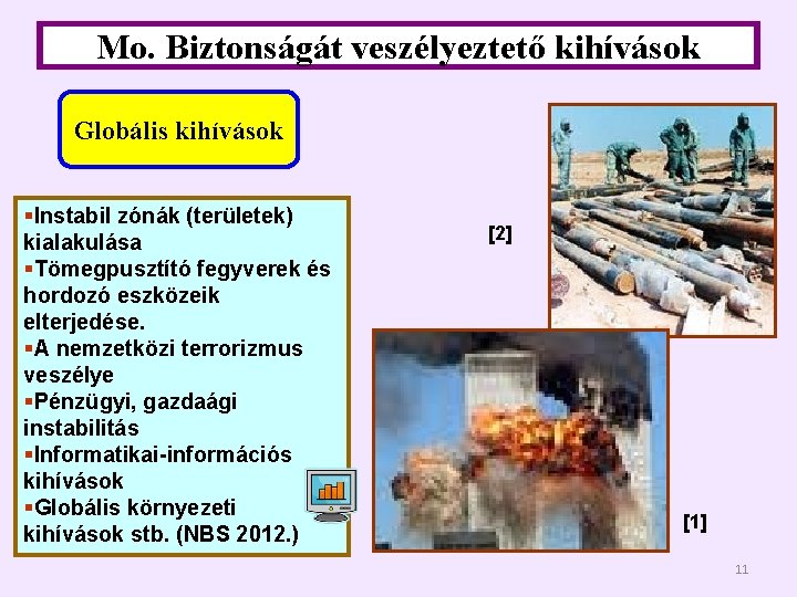 Mo. Biztonságát veszélyeztető kihívások Globális kihívások §Instabil zónák (területek) kialakulása §Tömegpusztító fegyverek és hordozó