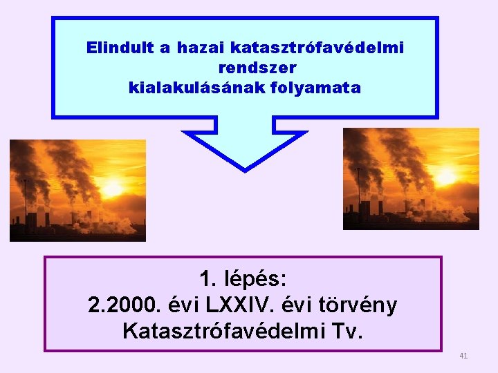 Elindult a hazai katasztrófavédelmi rendszer kialakulásának folyamata 1. lépés: 2. 2000. évi LXXIV. évi