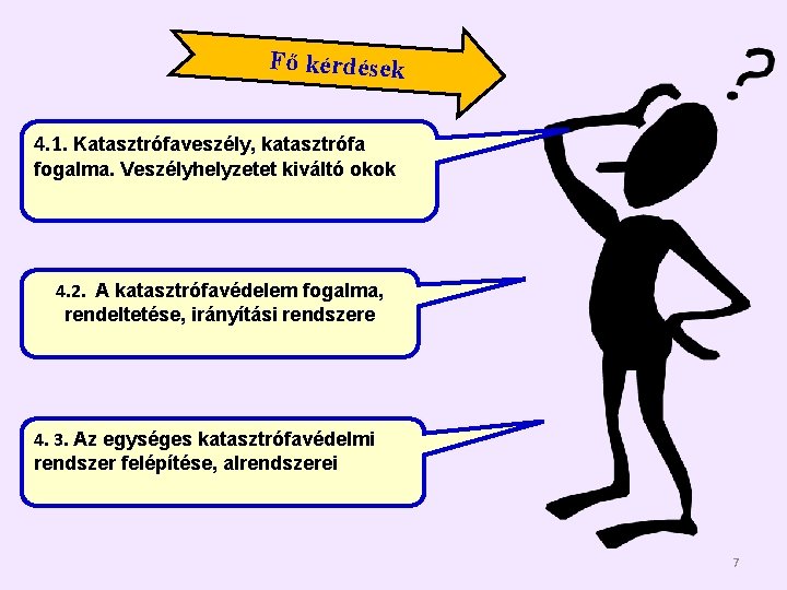 Fő kérdések 4. 1. Katasztrófaveszély, katasztrófa fogalma. Veszélyhelyzetet kiváltó okok 4. 2. A katasztrófavédelem