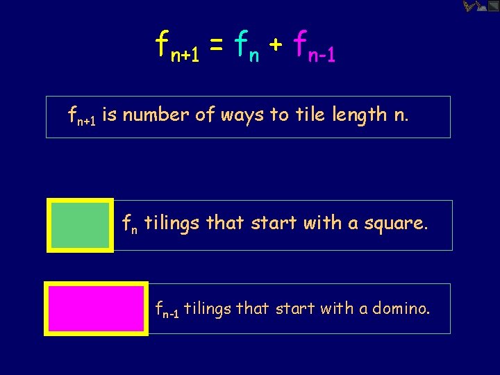 fn+1 = fn + fn-1 fn+1 is number of ways to tile length n.