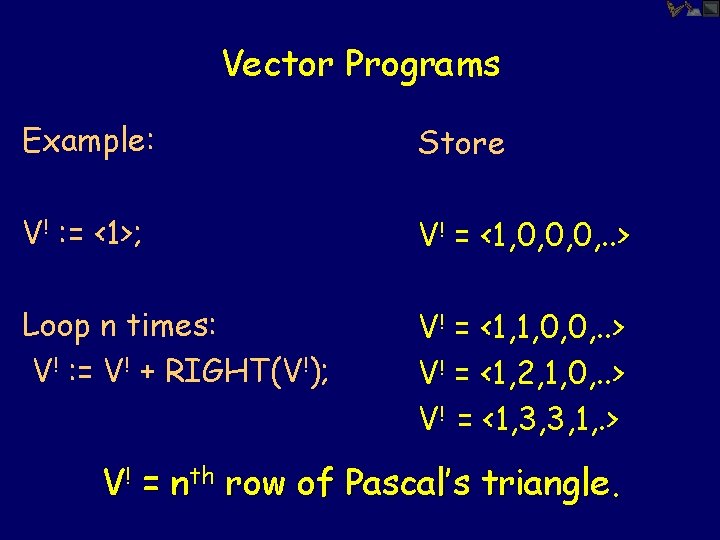 Vector Programs Example: Store V! : = <1>; V! = <1, 0, 0, 0,