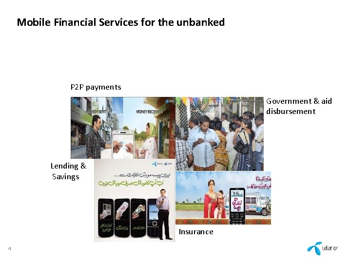 Mobile Financial Services for the unbanked P 2 P payments Government & aid disbursement