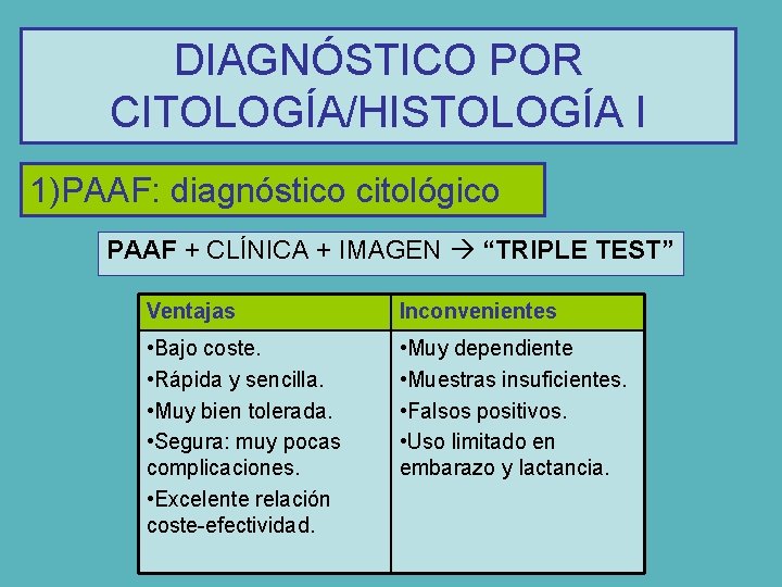 DIAGNÓSTICO POR CITOLOGÍA/HISTOLOGÍA I 1. PUNCIÓN ASPIRACIÓN: CITOLOGÍA 1)PAAF: diagnóstico citológico PAAF + CLÍNICA