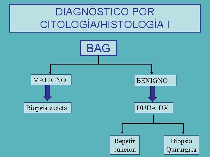 DIAGNÓSTICO POR CITOLOGÍA/HISTOLOGÍA I BAG MALIGNO BENIGNO Biopsia exacta DUDA DX Repetir punción Biopsia