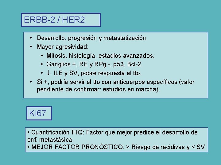 ERBB-2 / HER 2 • Desarrollo, progresión y metastatización. • Mayor agresividad: • Mitosis,