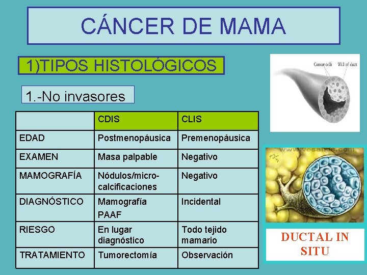 CÁNCER DE MAMA 1)TIPOS HISTOLÓGICOS 1. -No invasores CDIS CLIS EDAD Postmenopáusica Premenopáusica EXAMEN