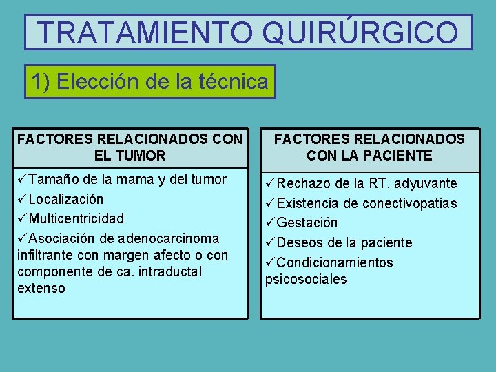 TRATAMIENTO QUIRÚRGICO 1) Elección de la técnica FACTORES RELACIONADOS CON EL TUMOR üTamaño de
