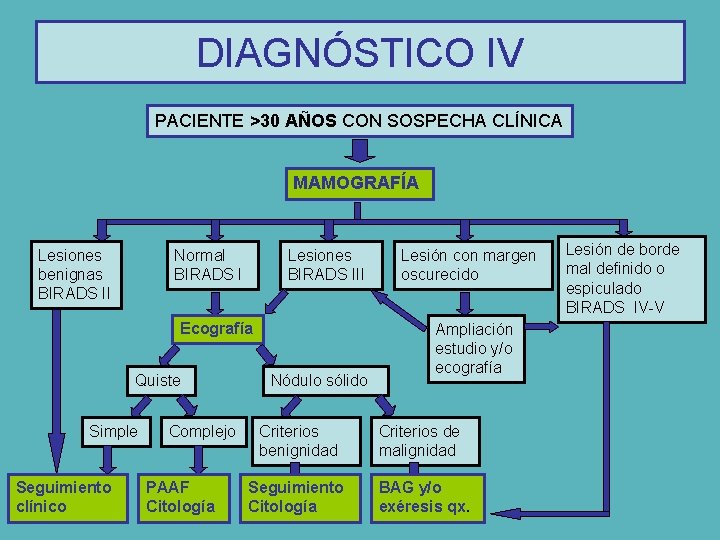 DIAGNÓSTICO IV PACIENTE >30 AÑOS CON SOSPECHA CLÍNICA MAMOGRAFÍA Lesiones benignas BIRADS II Normal