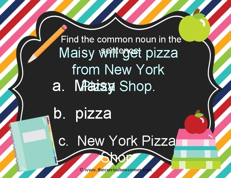 Find the common noun in the sentence. Maisy will get pizza from New York