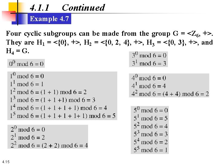 4. 1. 1 Continued Example 4. 7 Four cyclic subgroups can be made from