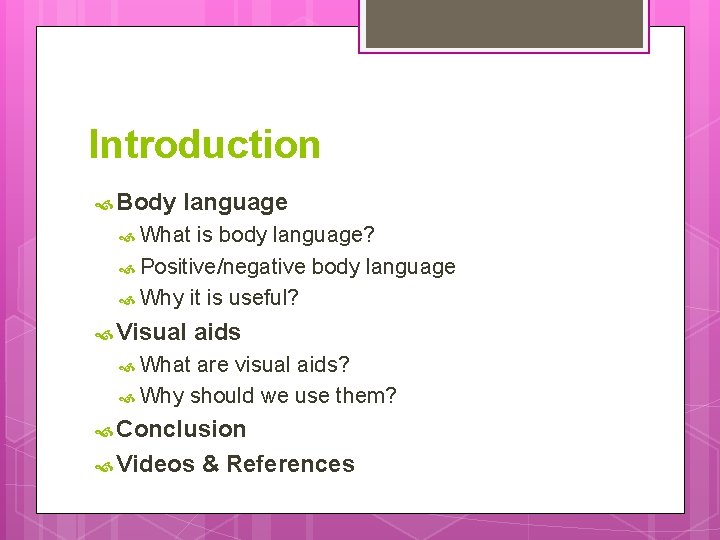 Introduction Body language What is body language? Positive/negative body language Why it is useful?
