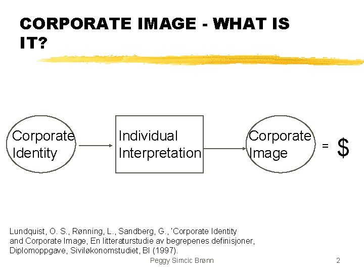 CORPORATE IMAGE - WHAT IS IT? Corporate Identity Individual Interpretation Corporate = Image $