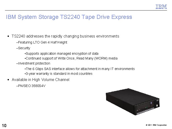IBM System Storage TS 2240 Tape Drive Express TS 2240 addresses the rapidly changing