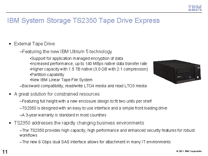 IBM System Storage TS 2350 Tape Drive Express External Tape Drive –Featuring the new