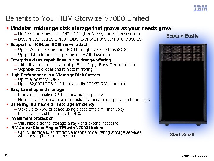 Benefits to You - IBM Storwize V 7000 Unified Modular, midrange disk storage that