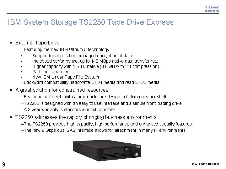 IBM System Storage TS 2250 Tape Drive Express External Tape Drive –Featuring the new