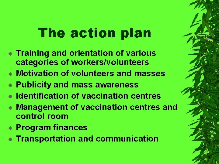 The action plan Training and orientation of various categories of workers/volunteers Motivation of volunteers