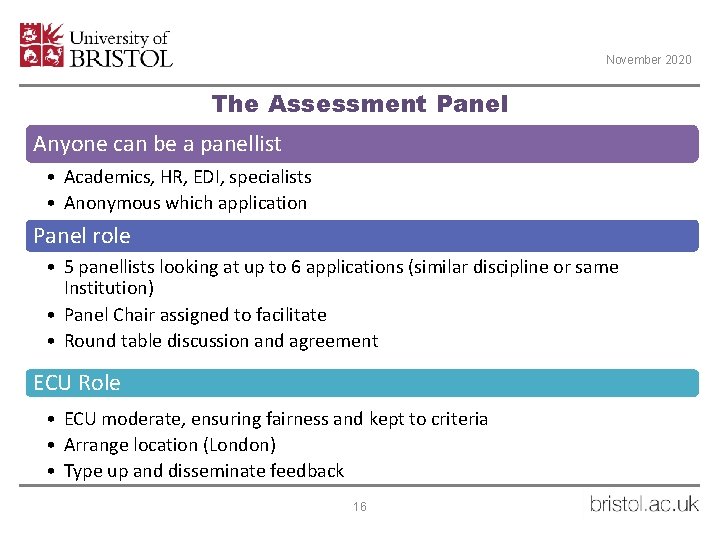 November 2020 The Assessment Panel Anyone can be a panellist • Academics, HR, EDI,