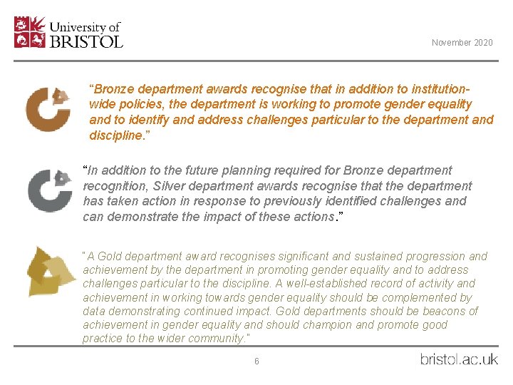 November 2020 “Bronze department awards recognise that in addition to institutionwide policies, the department