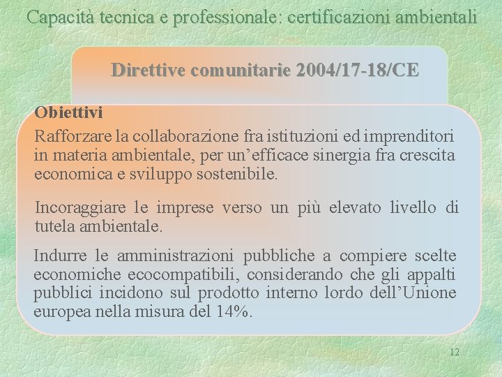 Capacità tecnica e professionale: certificazioni ambientali Direttive comunitarie 2004/17 -18/CE Obiettivi Rafforzare la collaborazione