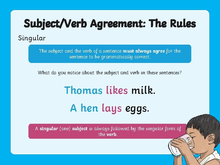 Subject/Verb Agreement: The Rules Singular The subject and the verb of a sentence must