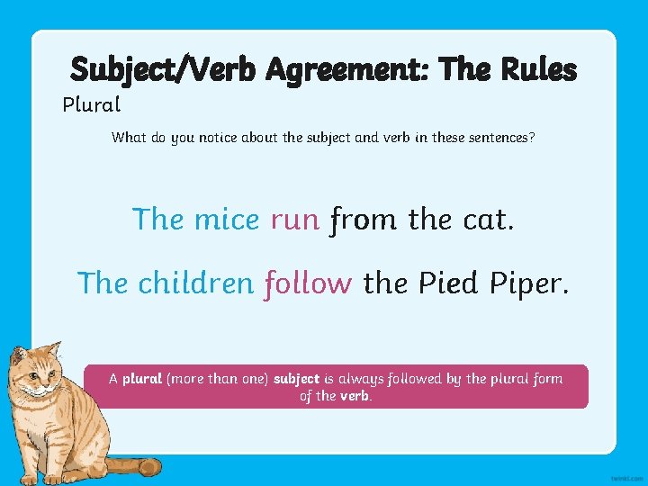 Subject/Verb Agreement: The Rules Plural What do you notice about the subject and verb