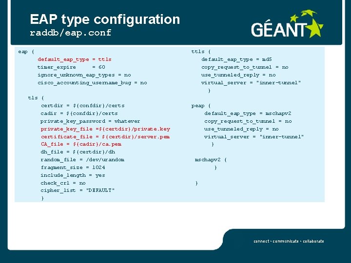 EAP type configuration raddb/eap. conf eap { default_eap_type = ttls timer_expire = 60 ignore_unknown_eap_types
