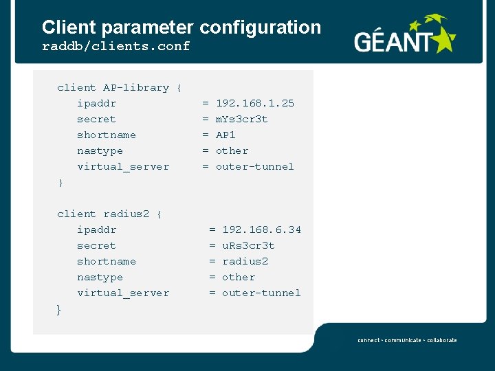 Client parameter configuration raddb/clients. conf client AP-library { ipaddr = 192. 168. 1. 25