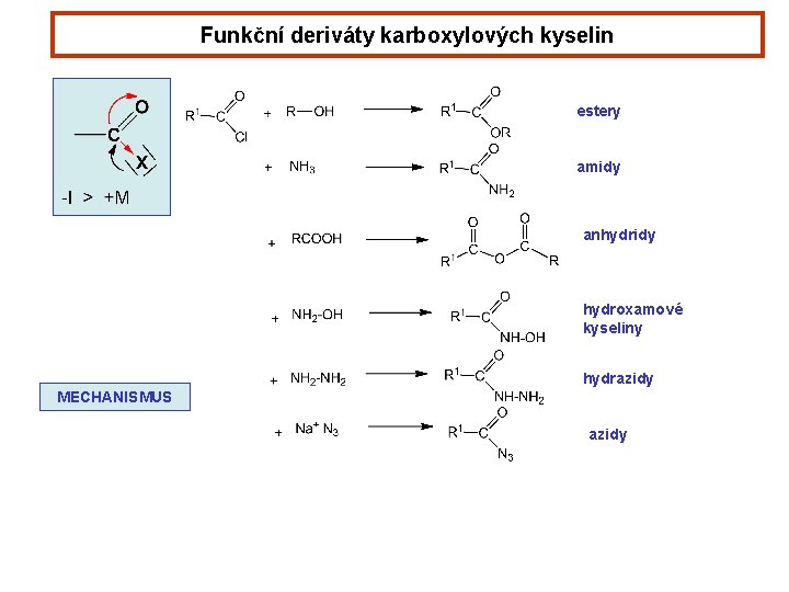 Funkční deriváty karboxylových kyselin estery amidy anhydridy hydroxamové kyseliny hydrazidy MECHANISMUS azidy 