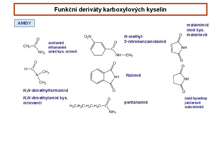 Funkční deriváty karboxylových kyselin AMIDY acetamid ethanamid kys. octové N-methyl 3 -nitrobenzamid maleinimid kys.