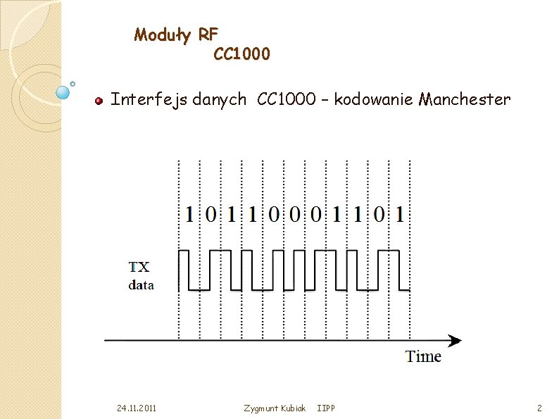 Moduły RF CC 1000 Interfejs danych CC 1000 – kodowanie Manchester 24. 11. 2011