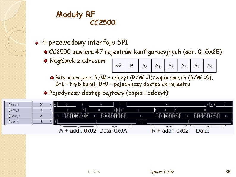 Moduły RF CC 2500 4 -przewodowy interfejs SPI CC 2500 zawiera 47 rejestrów konfiguracyjnych