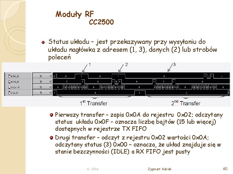 Moduły RF CC 2500 Status układu – jest przekazywany przy wysyłaniu do układu nagłówka