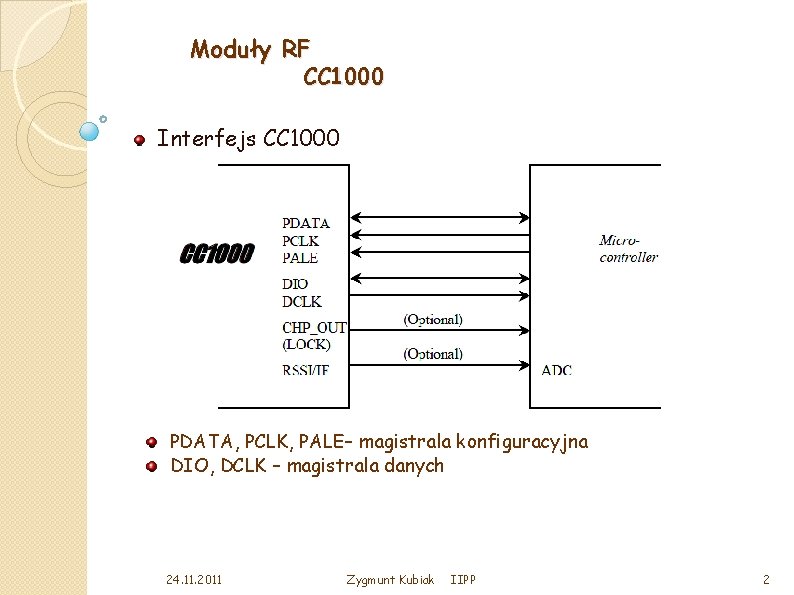 Moduły RF CC 1000 Interfejs CC 1000 PDATA, PCLK, PALE– magistrala konfiguracyjna DIO, DCLK