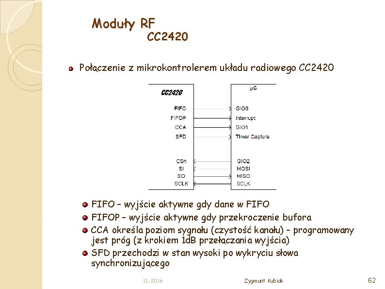 Moduły RF CC 2420 Połączenie z mikrokontrolerem układu radiowego CC 2420 FIFO – wyjście