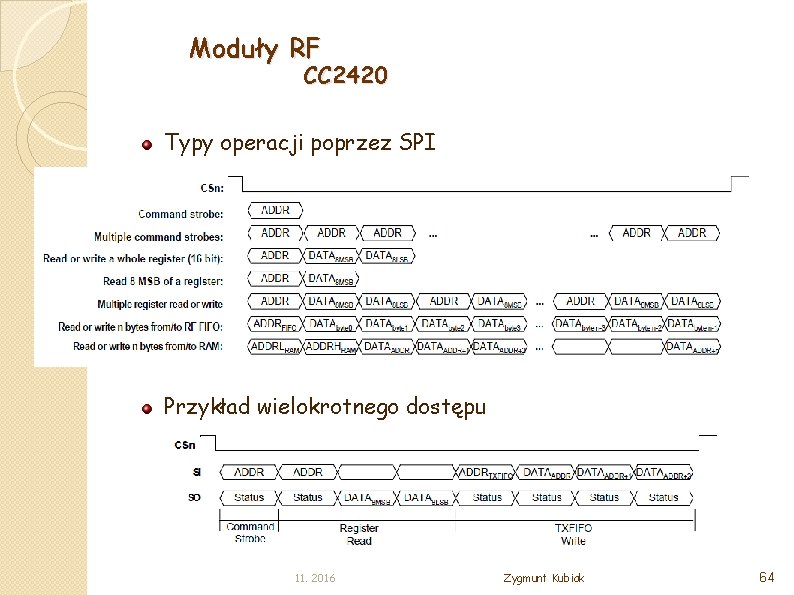 Moduły RF CC 2420 Typy operacji poprzez SPI Przykład wielokrotnego dostępu 11. 2016 Zygmunt