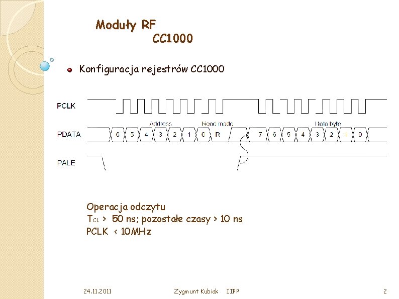 Moduły RF CC 1000 Konfiguracja rejestrów CC 1000 Operacja odczytu TCL > 50 ns;