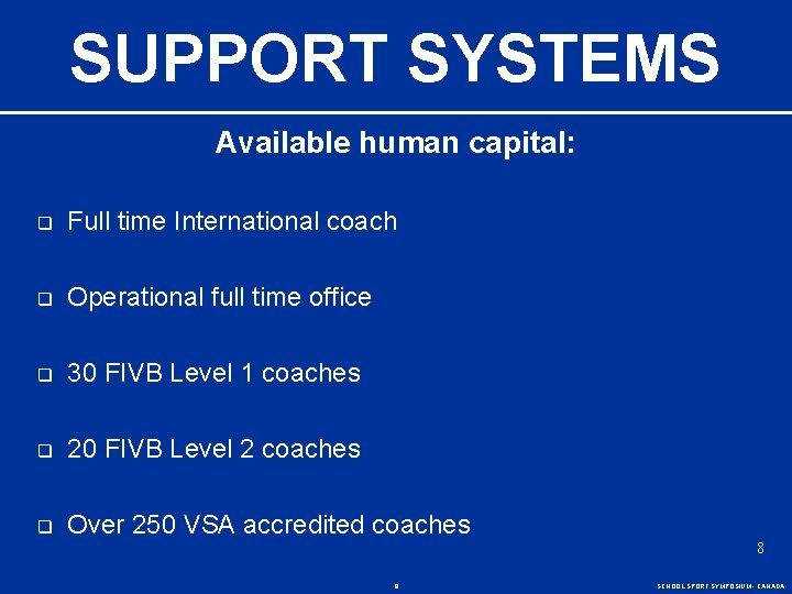 SUPPORT SYSTEMS Available human capital: q Full time International coach q Operational full time