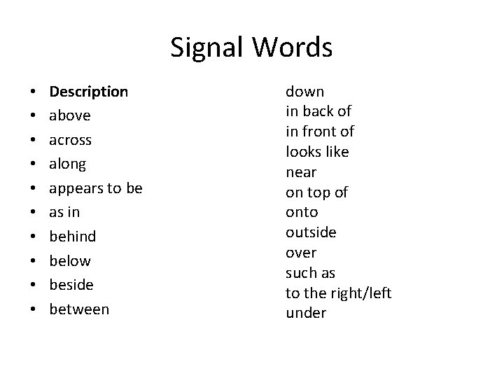 Signal Words • • • Description above across along appears to be as in