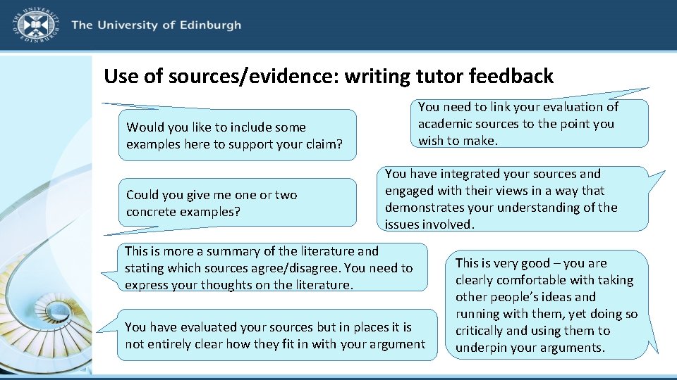 Use of sources/evidence: writing tutor feedback You need to link your evaluation of academic